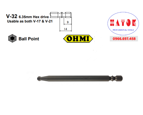 OHMI VH-32BP H1.5×6.35×100 Mũi vặn vít ổ lục giác bi / Screw Driver Bits V-32 6.35mm Hex drive Ball Point