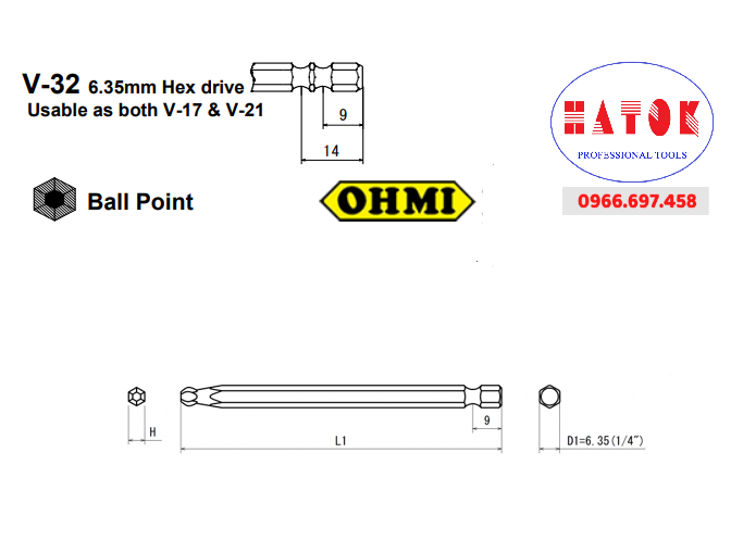 Mũi vặn vít ổ lục giác bi OHMI V-32BP