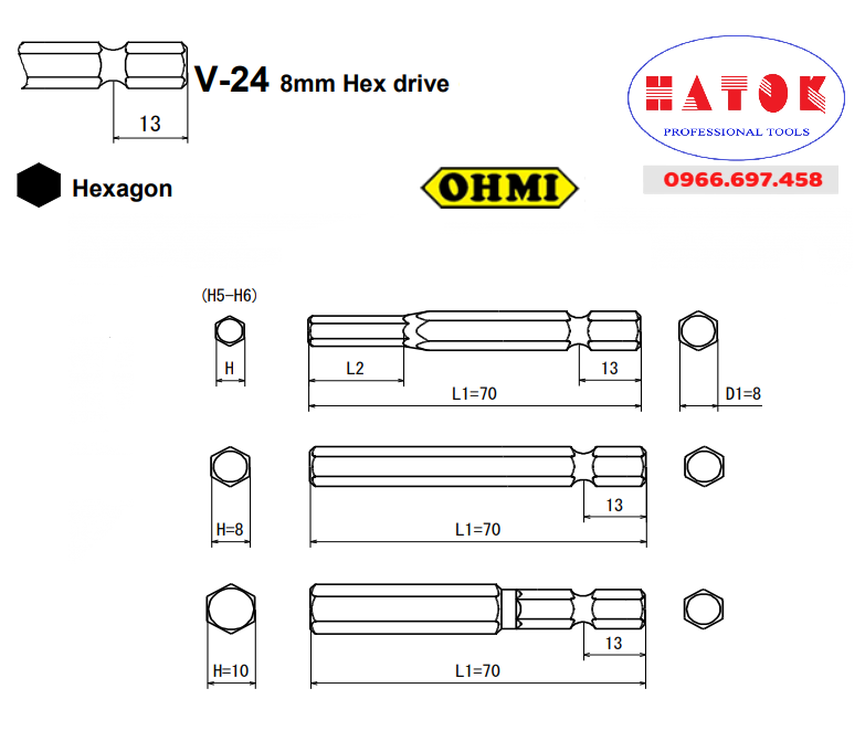 Đầu vặn vít lục giác chuôi 8mm OHMI V-24X