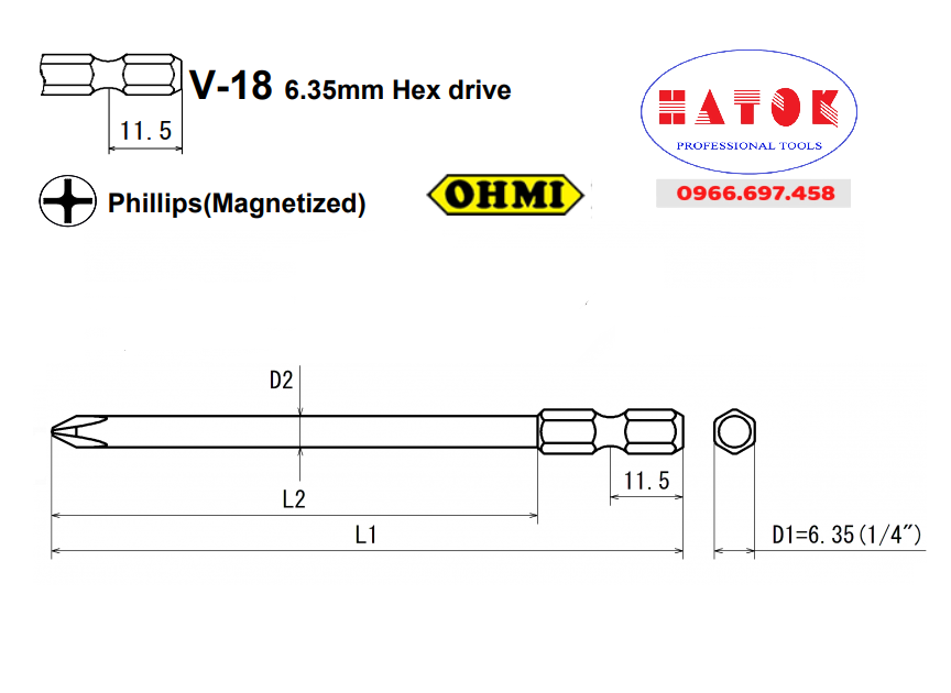 Mũi vặn vít 4 cạnh chuôi gài 11.5mm OHMI V-18 No