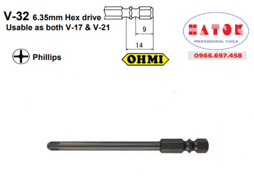 OHMI V-32 No.2x7x75(4.5×45) Mũi vặn vít điện tử bake/Screw Driver Bits V-32 6.35mm Hex drive Phillips