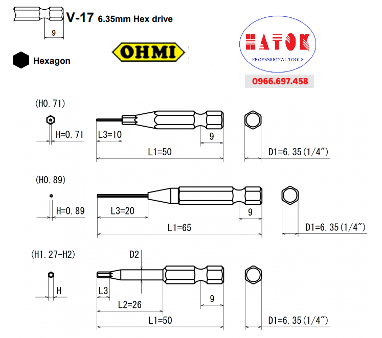 Mũi vặn ốc lục giác OHMI V-17X