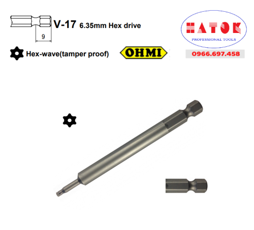 V-17T T7Hx7x50(2.5×15) OHMI Mũi vặn vít hoa thị có lỗ  / Screw Driver Bits V-17 6.35mm Hex drive Hex-wave(tamper proof)