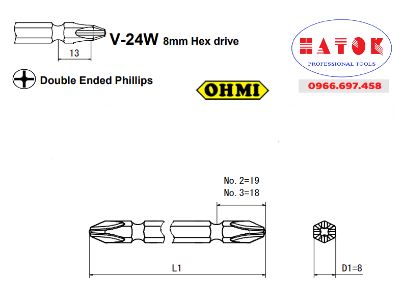 Mũi vít bake 2 đầu chuôi gài phi 8 OHMI V-24W