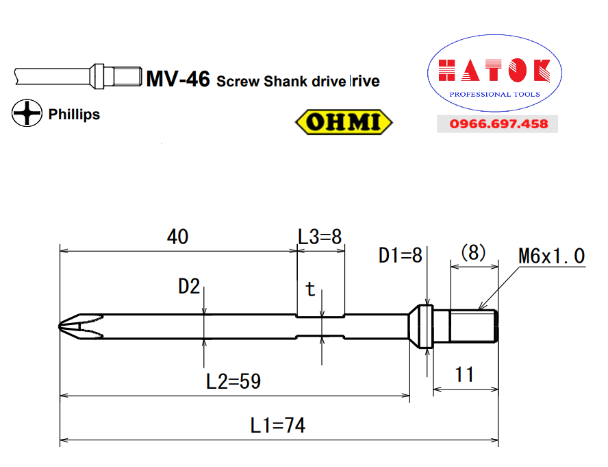 Mũi vít bake chuôi gài ren M6 OHMI MV-46 NO.2