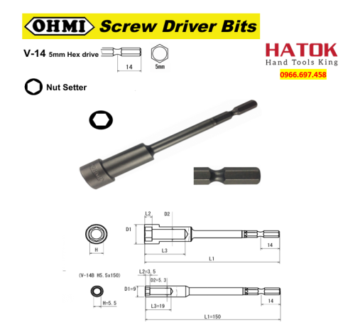 Đầu vặn bulong chuôi gài lục giác 5mm OHMI V-14B