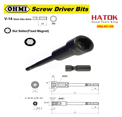 Đầu vặn bulong có nam châm chuôi gài lục giác 5mm OHMI V-14B MAG