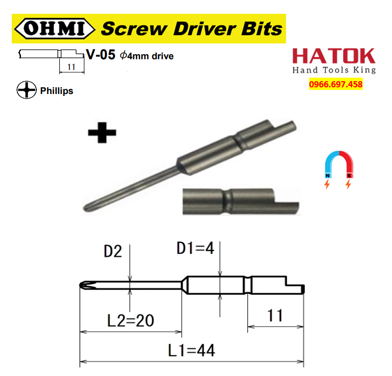 Đầu vặn vít 4 cạnh chuôi gài bán nguyệt OHMI V-05 có nam châm