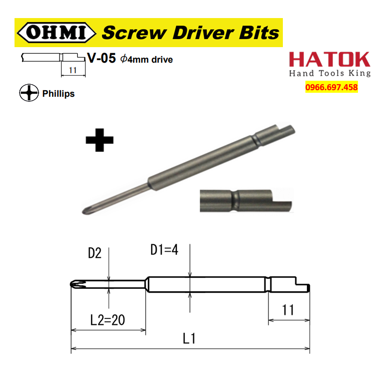 Đầu vặn vít 4 cạnh chuôi gài bán nguyệt OHMI V-05 thân vít thu nhỏ