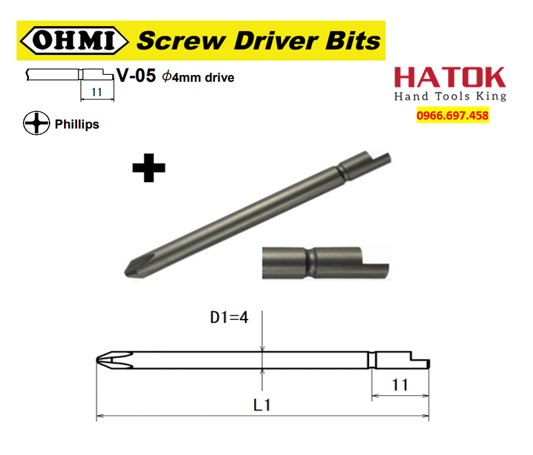 Đầu vặn vít 4 cạnh chuôi gài bán nguyệt OHMI V-05