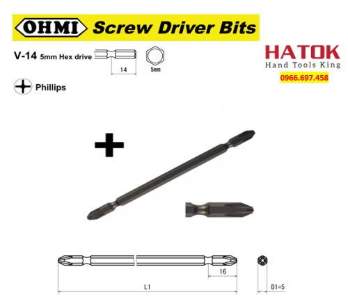 Mũi bắt vít bake 2 đầu chuôi lục giác 5mm OHMI V-14W