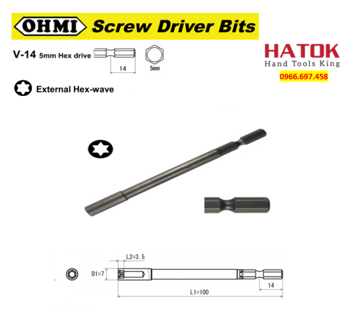 Mũi vặn bulong hoa thị chuôi gài lục giác 5mm OHMI V-14E