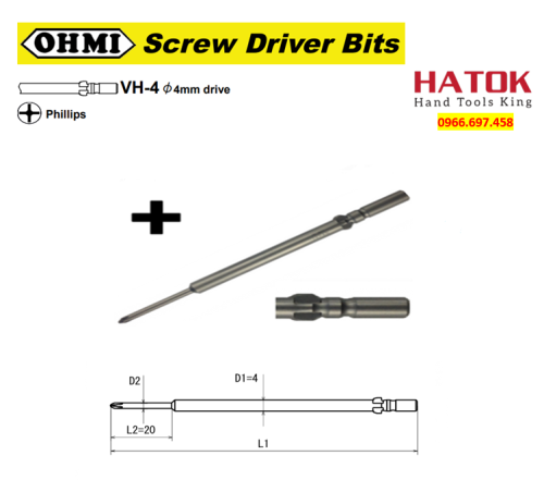 Mũi vít 4 cạnh chuôi cánh bướm phi 4 OHMI VH-4No