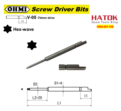 Mũi vít hoa thị chuôi gài bán nguyệt OHMI V-05T