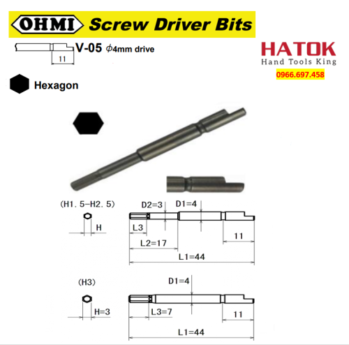 Mũi vít lục giác chuôi gài bậc OHMI V-05X