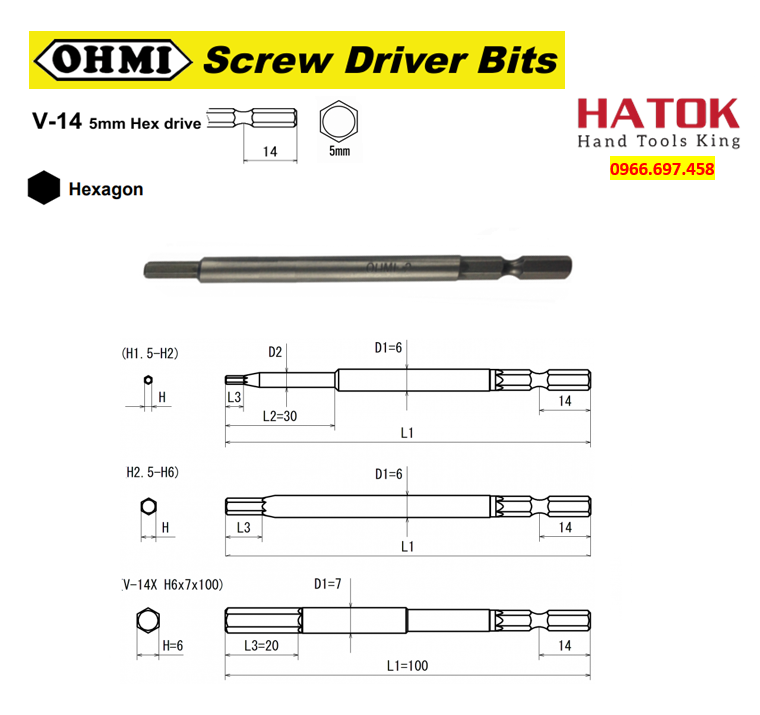 Mũi vít lục giác chuôi lục giác OHMI V-14X