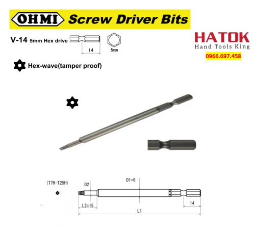 Mũi vít vặn ốc hoa thị lỗ chuôi gài lục giác 5mm OHMI V-14TH