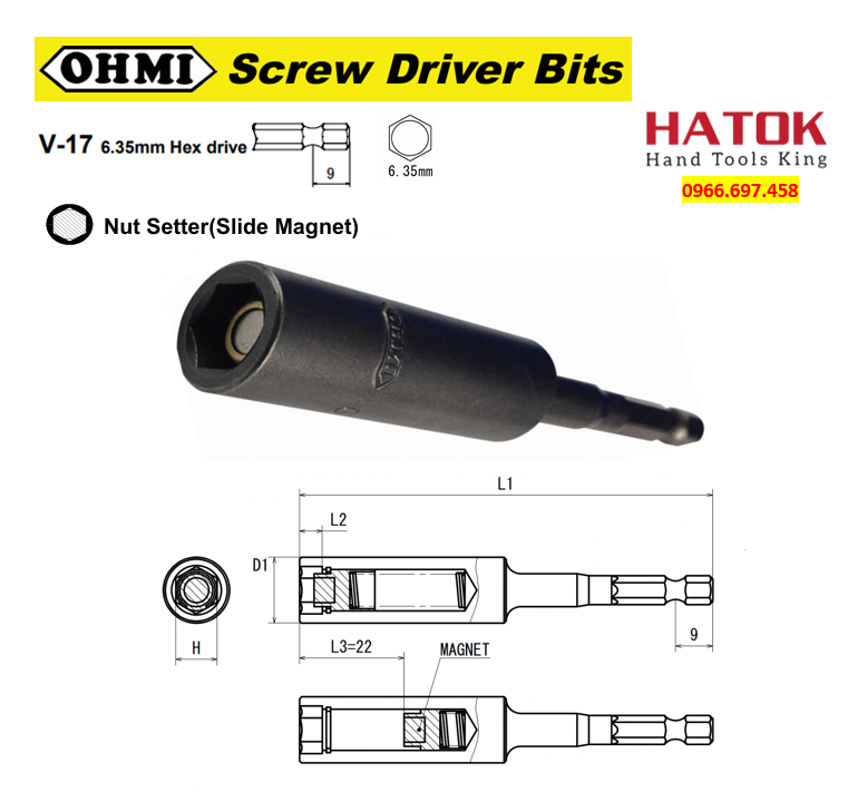 Đầu vặn bulong có nam châm trượt OHMI V-17B SM