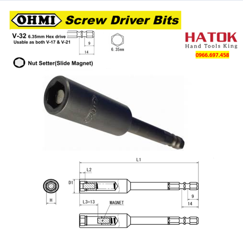 Đầu vặn bulong nam châm trượt OHMI V-32B SM