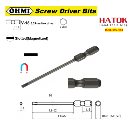 Mũi vặn vít 2 cạnh thân nhỏ OHMI V-18