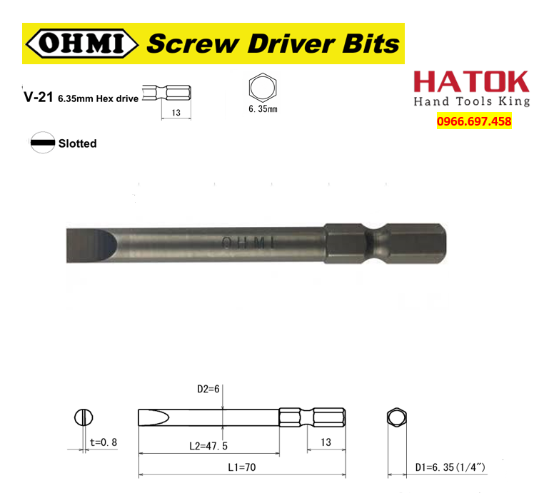 Mũi vặn vít 2 cạnh OHMI V-21M