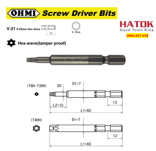 Mũi vặn vít hoa thị có lỗ OHMI V-21TH