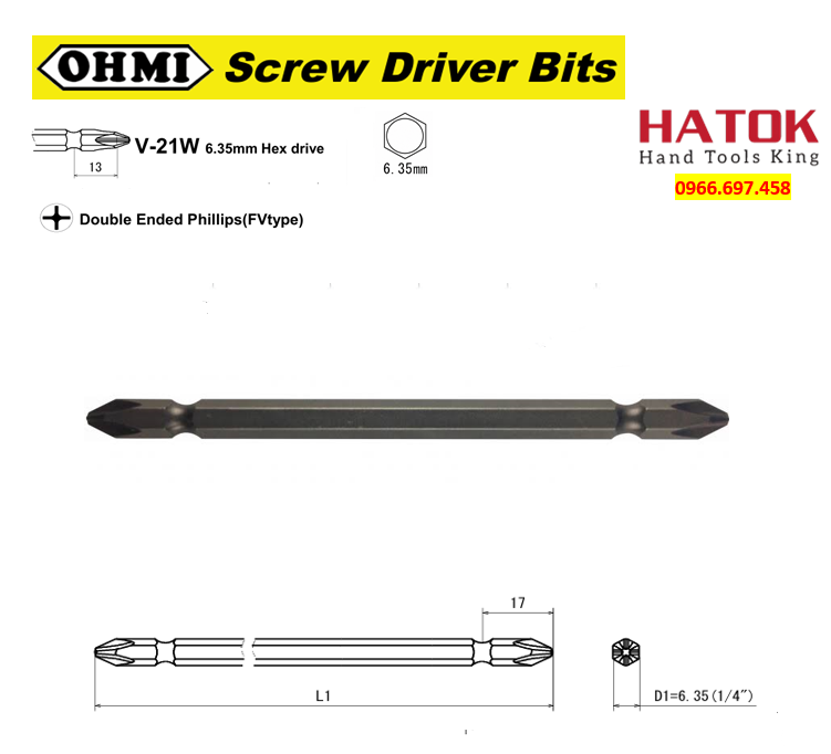 Mũi vặn vít 2 đầu 4 cạnh OHMI V-21W FV